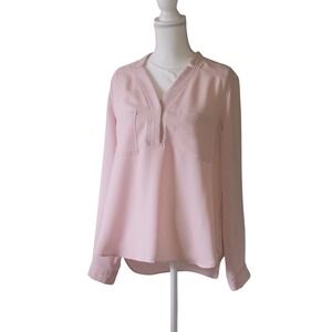 Nine West Coorporate Chic Siern Soft Blush‎ Pink Split V-Neck Blouse Top Large L
